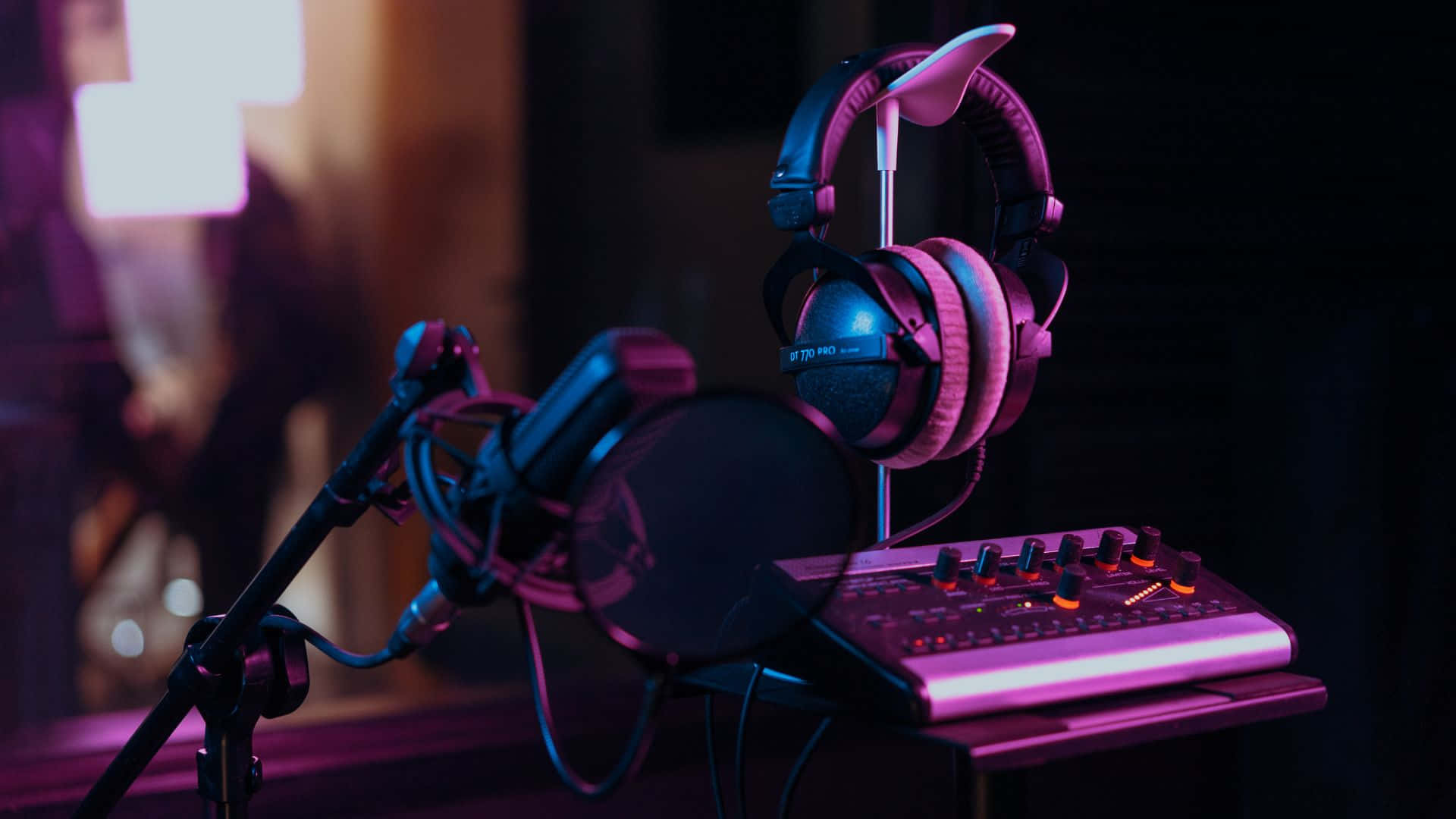 Modern podcast studio with sound equipment